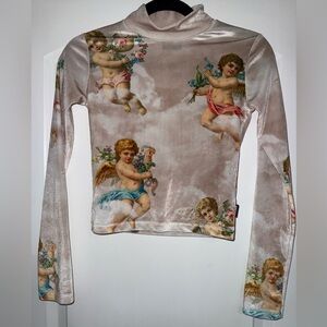 MINGA Angel Print Cropped Long Sleeve Top size Small